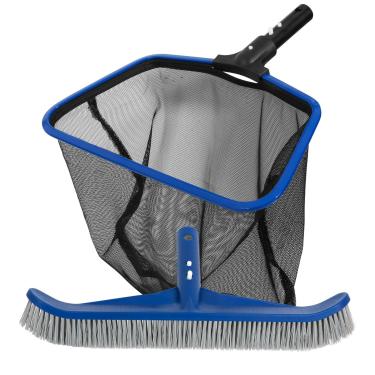 Imagem de POOLAZA Rede de escumadeira de piscina com moldura de alumínio e cabeça de escova de piscina de 40,6 cm, escumadeira de rede de piscina profunda e escovas de piscina para limpeza de paredes de