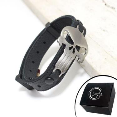 Imagem de Pulseira de Couro Preto MOTOQUEIRO FANTASMA Onix com Fecho STRAP PLUG 