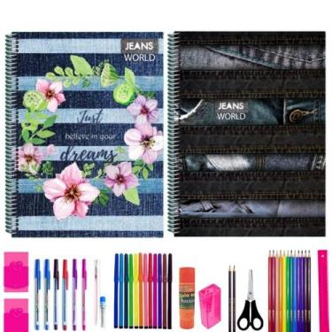 Imagem de Kit 2 Cadernos Jeans 200 Folhas Arame Capa Dura Com 40 Itens - Maxima 