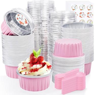 Imagem de Copos redondos de alumínio para assar com tampas, copos descartáveis ZOXILEN de 142 g com tampas, mini recipientes de ramequins de folha de queijo, forros de cupcake brulee para festa de aniversário