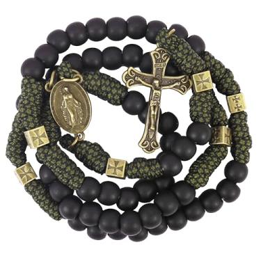 Imagem de Nazareth Store Colar de rosário de paracord de metal bronze antigo resistente durável contas de oração preto fosco com medalha de santo e crucifixo, Contas de acrílico, Sem Pedra Preciosa