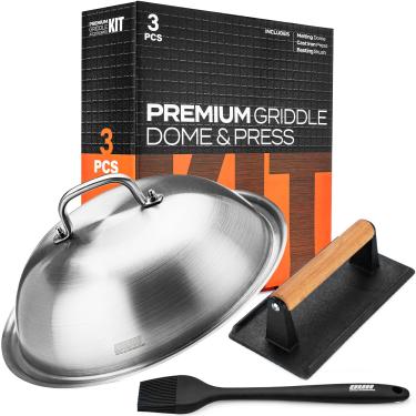 Imagem de OUII Conjunto de acessórios de grelha de topo plano para churrasqueira Blackstone e Camp Chef – 30,5 cm de cobertura redonda para derretimento de queijo com ferro fundido, hambúrguer, bacon Press & Basting Brush