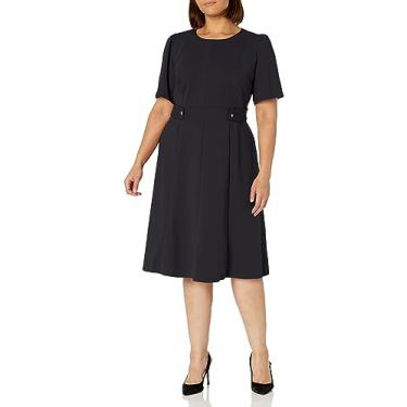 Imagem de London Times Midi feminino de malha com ilhós, manga curta, crepe inserido, cintura midi com detalhe de botão, Preto, 25 Plus Size