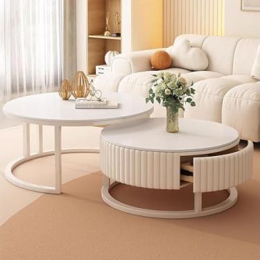 Imagem de Mesa de centro de armazenamento Mesa de centro branca moderna circular 31,5 "Conjunto de mesa de centro 2 em 1 redondas Mesa de centro para sala de estar Mesa de centro de fazenda Fácil mont