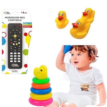 Imagem de Kit 3 Brinquedos Para Bebês Mordedor Controle Remoto + Patinhos De Borracha + Torre Patinhos