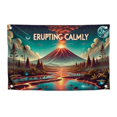 Imagem de Bandeiras de contradições naturais de 9 x 1,2 m com citações com quatro argolas de latão - Banner de vulcão em erupção calma para decoração de parede de quarto - Bandeira com imagem erupção vulcânica