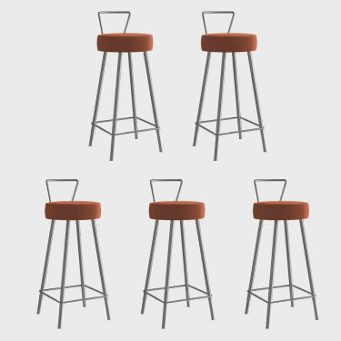 Imagem de Kit 05 Banqueta Alta Com Encosto Tais Eiffel Cozinha Bar Bistrô Ferro Prata Corino Laranja - Ahz Móveis