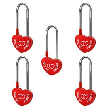 Imagem de Gradleen 5 peças, vermelho, 8,9 cm, 50 mm, cadeado de coração único, cadeado de metal de alumínio Love-You-Forever para ponte Lovelock, casamento e aniversário (sem chave)