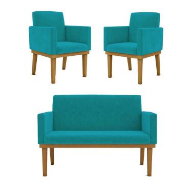 Imagem de Kit Sofá 2 Lugares + Poltrona Com Base Suede azul Turquesa