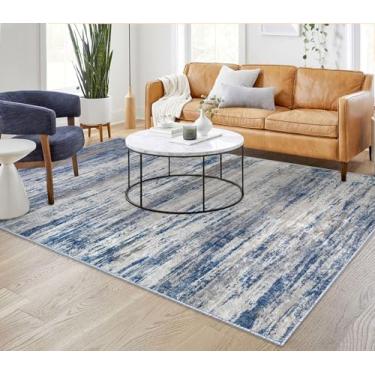 Imagem de KOZYFLY Tapete de área 15 x 23 cm moderno ombré para sala de estar, tapetes grandes laváveis tapete listrado macio antiderrapante para quarto, tapete abstrato cinza-azul estampado para lavanderia