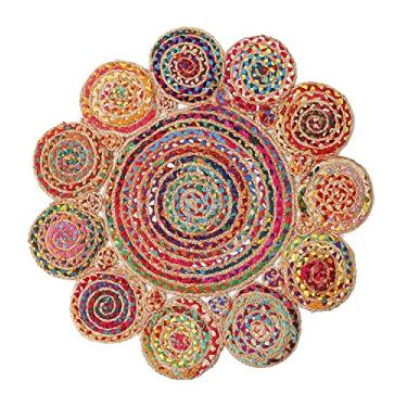 Imagem de SHIVERO HOMES Tapete de área boho trançado de algodão de juta, 5 cm redondo - natural, feito à mão, tapetes reversíveis para casa de fazenda, para sala de estar, cozinha, quarto, corredor, entrada