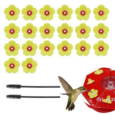 Imagem de Jiozermi 20 peças de flores de substituição para alimentador de beija-flor amarelo, peças de reposição para beija-flores alegres para animais de estimação com 2 pincéis, protetores de formigas de