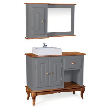 Imagem de Gabinete para Banheiro 2 Portas com Cuba e Espelheira Dália 3058 - Cinza/Imbuia Glazer