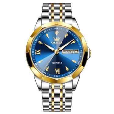 Imagem de OLEVS Relógio masculino azul, clássico, grande, analógico, masculino, luxuoso, dois tons, aço inoxidável, impermeável, moderno, relógio de presente para homens