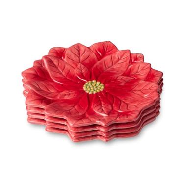 Imagem de Pratos de sobremesa de poinsétia de flores de inverno – Conjunto de 4 pratos florais de cerâmica 3D, aperitivo vermelho de Natal e pratos de sobremesa para biscoitos, doces, aperitivos de Natal, mesa