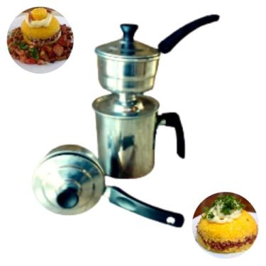 Imagem de Cuscuzeira Individual 2 em 1 em Alumínio Polido — Panela a Vapor até 200g, Compacta, Resistente, Durável, Aquecimento Rápido, Limpeza Fácil, Ideal para Cuscuz Nordestino em Cozinhas Pequenas Modernas.