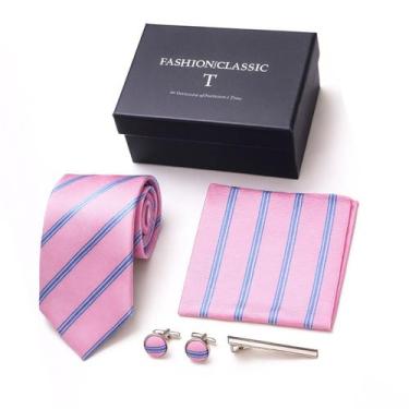 Imagem de Kit Gravata Masculina e Lenço Poliester Rosa Casamento - anjo da mamãe
