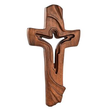 Imagem de BGCOPPER Cruz de madeira para parede, crucifixo artesanal cruz de parede Jesus Ascensão cruz decoração de parede para casa presente de Páscoa de Natal (50 cm)