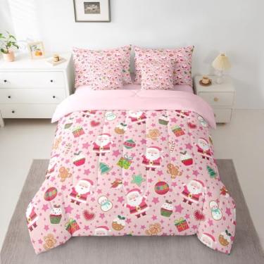 Imagem de Conjunto de edredom rosa de Natal com desenho casal de Papai Noel, Papai Noel, boneco de neve, para crianças, meninos, meninas, boneco de neve, decoração de Natal, cama em uma bolsa, reversível, rosa