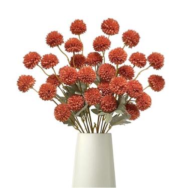 Imagem de Kuviklyn Pompon de seda sintética, flores artificiais com 6 hastes, flores falsas de haste longa para vaso, flores kiku falsas, mini crisântemo, arranjos florais para decoração de casa, chá de bebê