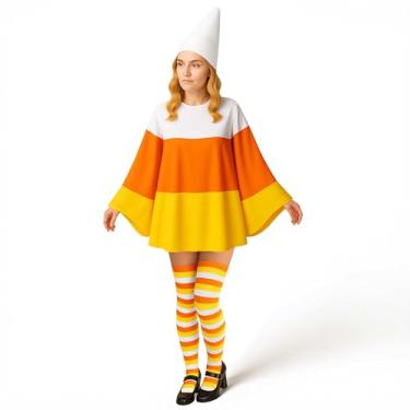 Imagem de Freesdai Conjunto de poncho de pipoca de milho doce de Halloween com chapéu de feltro e meias para mulheres, meninas, adultos, artigos engraçados para cosplay