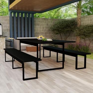 Imagem de Conjunto Mesa e Bancos de Madeira com Estrutura em Ferro Estilo Industrial para Área Externa e Interna (Preto)