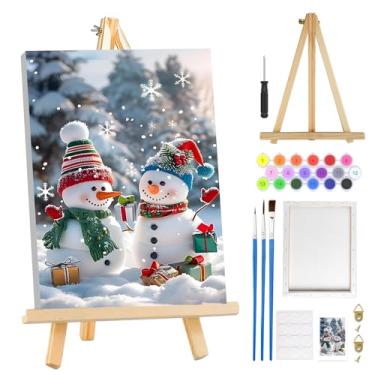 Imagem de MOGTAA Kit de pintura de Natal por números para adultos iniciantes com moldura, kits de pintura por números de boneco de neve em tela com cavalete, kits de pintura a óleo de inverno fáceis DIY para