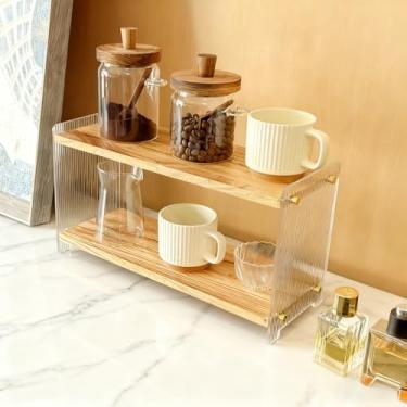 Imagem de Organizador de estação de café de 2 níveis, prateleira de caneca de madeira maciça com material de madeira maciça e acrílico transparente vertical para barra de café, estação matcha - comporta canecas