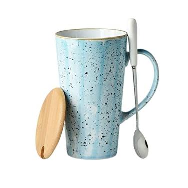 Imagem de Caneca criativa e personalizada caneca de cerâmica 520 ml copo de grande capacidade com tampa colher para escritório, escola e casa caneca de café (cor: azul)