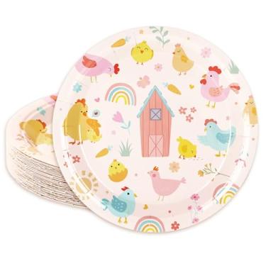 Imagem de Whaline 50 peças de pratos de papel para festa de galinha, desenho animado, pintinho, arco-íris, descartáveis, animais de fazenda, utensílios de mesa para aniversário, chá de bebê, decoração de mesa