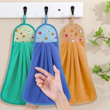 Imagem de Conjunto de 3 toalhas de mão penduradas para cozinha, panos de prato de lã macia para pendurar na parede toalhas para limpeza doméstica e uso doméstico diário (verde, azul, marrom, 28 x 38 cm)