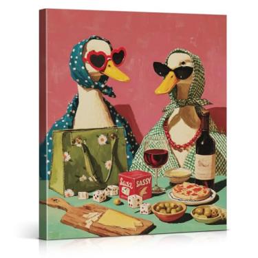 Imagem de Impressões de arte de parede de patos engraçados fofos vintage imagens de pato atrevido, decoração de parede de pato engraçado para casa, sala de estar, quarto, 20 x 25 cm emoldurado