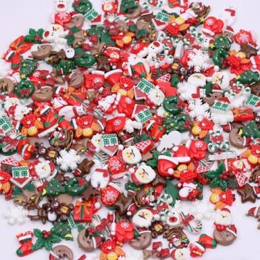 Imagem de 50 peças mini estatuetas de Natal, pingentes de geleca flatback sortidos, ornamentos artesanais de Papai Noel, boneco de neve, sino, decoração de resina para artesanato DIY