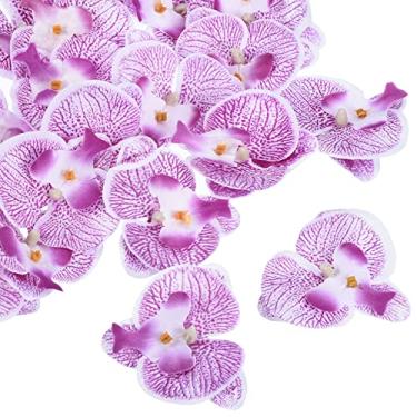 Imagem de Cabeças de orquídeas artificiais de 7 cm, pacote com 20 cabeças de orquídeas de borboleta falsas de seda Phalaenopsis para decoração de buquê floral de casamento, faça você mesmo, roxo