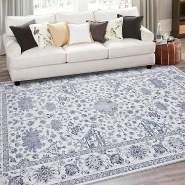 Imagem de UMBFUN Tapete de área de 20 x 25 cm, tapetes laváveis para sala de estar, quarto, entrada, sala de jantar, escritório, vintage, boho, tapete fino e macio (azul marinho/branco)