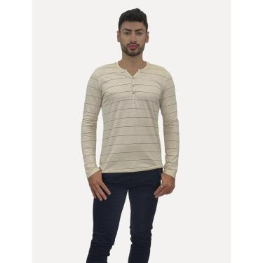 Imagem de Camisa King & Joe Bata Masculina Manga Longa Henley Listrada Off-White-Masculino