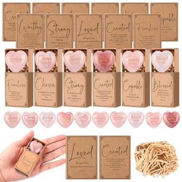 Imagem de Potchen Conjunto de 20 Presentes Cristãos de Natal Quartzo Rosa Gravado Oração Coração Cristal com Versos Bíblicos Inspiradores Caixa de Armazenamento Combinar e Raffia Natal Igreja Presentes