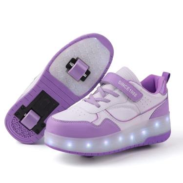 Imagem de YUNICUS Tênis infantil com luz LED para rodas, carregamento USB, tênis de skate para meninas, meninos, crianças, melhor presente para aniversário, Halloween, Natal, Roxo-branco, 12.5 Little Kid