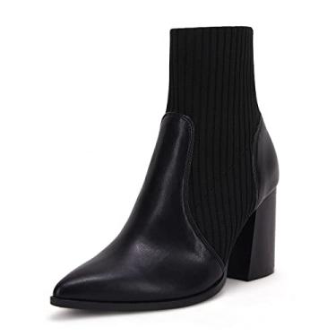 Imagem de Ermonn Botas femininas de salto alto com bico fino, salto grosso, com zíper, elástico, outono e inverno, Preto frio., 38