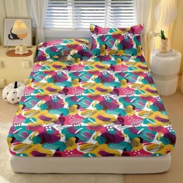 Imagem de Jogo de Lençol com Elástico Estampado Tropical 400 Fios Para Cama Solteiro Casal Queen Micropercal Estampado(Tropical Roxo,CASAL 3 Peças)