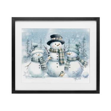 Imagem de Stupell Industries "Snowmen Trio and Bird", impressão emoldurada sob vidro, preto, 40,6 x 33,5 cm