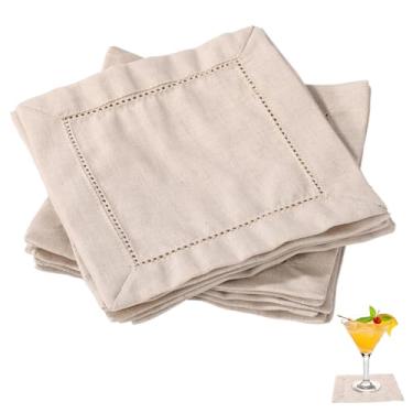 Imagem de 12un. Guardanapos Coquetel Linho, 15x15cm Guardanapos Pano Reutilizáveis Descanso Copo Tecido com Barrado para Casamento Aniversário Chá de Bebê Festa Casa Suprimentos Bar (Cor Natural)