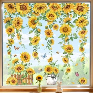 Imagem de decalmile Adesivos de janela dupla face primavera verão girassol pendurar flor videira jardim flor anticolisão portas de vidro adesivos adesivos de janela
