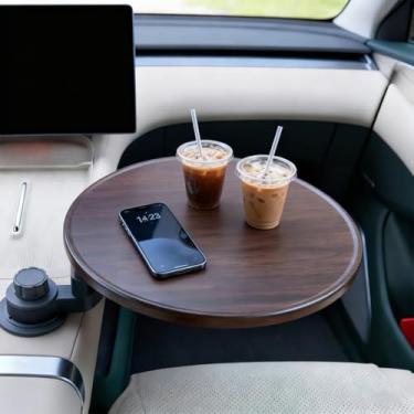Imagem de Woodenkitor Bandeja de carro e mesa de laptop com rotação de 360° - Suporte de copo de madeira para Tesla, Audi e a maioria dos veículos - Bandeja de volante com trava magnética - Acessórios portáteis