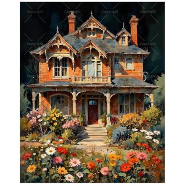 Imagem de Casa vitoriana com kit de pintura de jardim de flores por números para adultos - Pintura doméstica vintage DIY em tela, conjunto de tinta acrílica, adequado para iniciantes, arte para decoração de