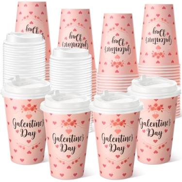 Imagem de Tioncy 60 peças de copos de papel de café Galentine's Day de 340 g com tampas, copos de cacau quente, copo de papel para bebidas e chocolate quente, recipiente de cacau para mulheres, namorados