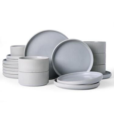 Imagem de Famiware Conjunto de louça Star, conjuntos de pratos e tigelas para 6 (18 peças), pratos de grés canelados, resistente a lascas e arranhões, utensílios de cozinha para micro-ondas e lava-louças, cinza