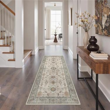 Imagem de GENIMO Tapete de corredor para corredores lavável à máquina, antiderrapante boho vintage leve lavável, tapetes finos para entrada, corredor, banheiro, lavanderia, corredor, verde-acinzentado claro