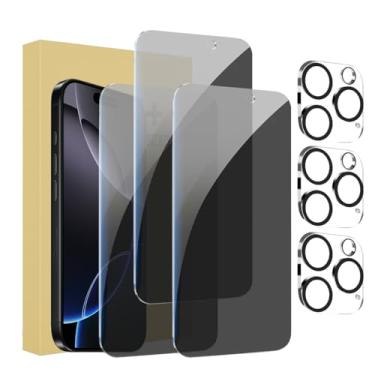 Imagem de Pacote com 3 + 3 protetores de tela de privacidade para iPhone 16 Pro Max com protetor de lente de câmera cobertura total, película de vidro temperado anti-espião, dureza 9H, fácil instalação, sem