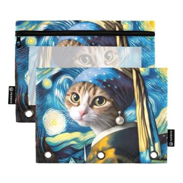 Imagem de Bolsa de lápis para fichário de 3 anéis, engraçado, noite estrelada, fichário com zíper, bolsas para pintura, fichários escolares, bolsos transparentes, pastel, 25 x 18 cm, 2 pacotes